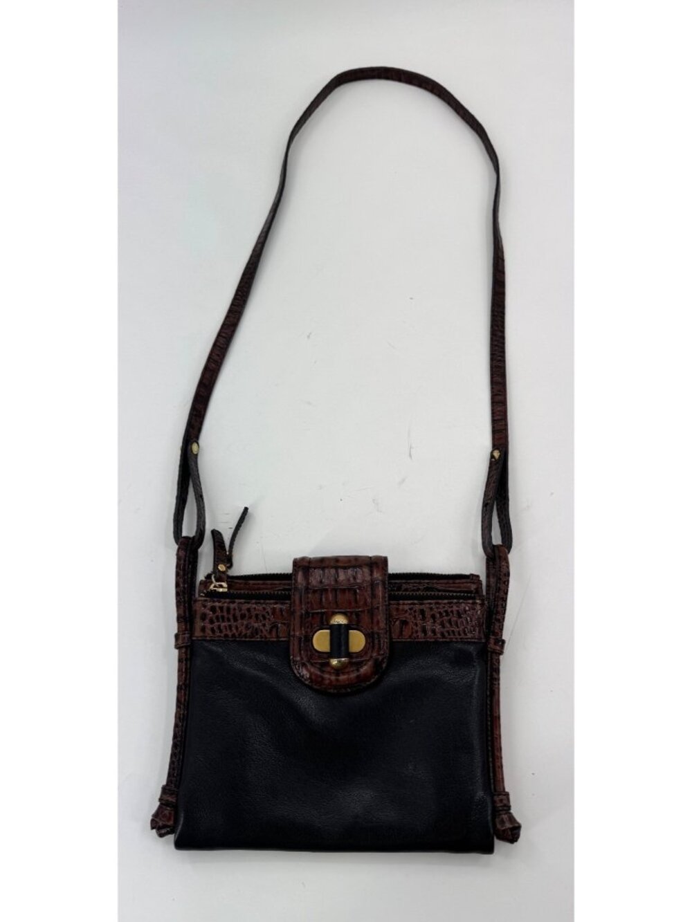 Brahmin Cleo Black & Brown Croc-Embossed Leather Crossbody Bag With Adjustable S